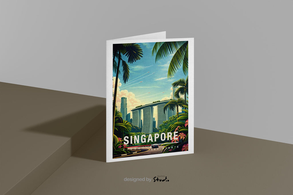 Illustrative Grußkarte mit Singapore-Motiv, zeigt moderne Hochhäuser eingebettet in tropische Palmen und üppiges Grün. Die Szene verbindet Großstadt und Natur und vermittelt Leichtigkeit, Wärme und Fernweh. Perfekt als Reise-Grußkarte, Urlaubsgruß oder liebe Nachricht für Asien-Fans und Städtereisende.