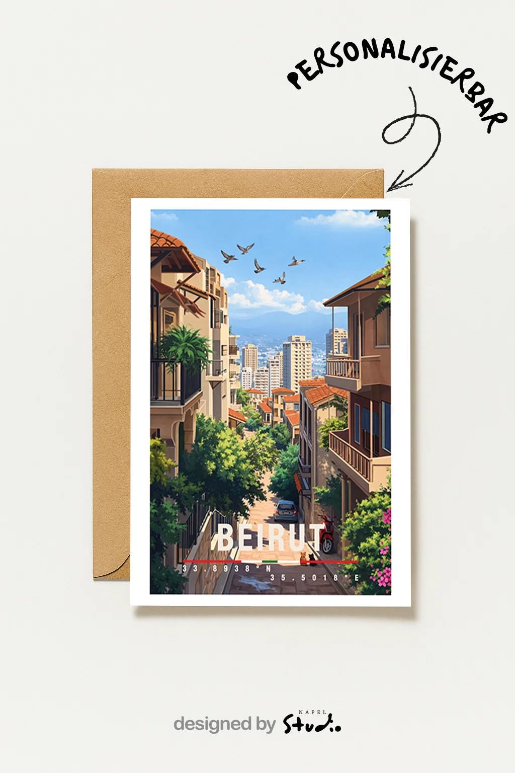 Künstlerische Grußkarte mit Beirut-Motiv, die Moscheen mit Kuppeln und Minaretten zeigt, umgeben von grünen Bäumen und einer lebendigen Stadtlandschaft. Die Szene strahlt Geschichte, Vielfalt und orientalisch-mediterranes Flair aus. Sanfte Farben und klare Linien erzeugen eine harmonische Atmosphäre. Perfekt als Reise-Grußkarte, kultureller Gruß oder Geschenk für Menschen mit Bezug zum Libanon.