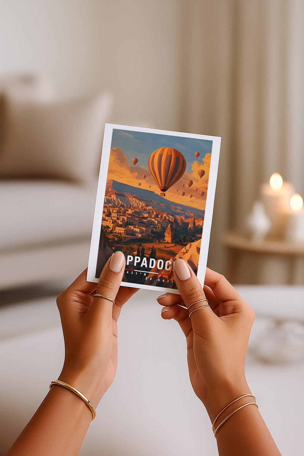 Illustrative Grußkarte mit Cappadocia-Motiv in der Türkei. Ein Heißluftballon schwebt über einzigartigen Felsformationen, kleinen Dörfern und einer warmen Morgenstimmung. Die Szene strahlt Ruhe, Romantik und Abenteuer aus. Ideal als Reise-Grußkarte, Hochzeits- oder Liebesgruß sowie für Türkei-Reisende und Natur-Fans.
