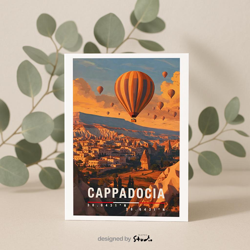Illustrative Grußkarte mit Cappadocia-Motiv in der Türkei. Ein Heißluftballon schwebt über einzigartigen Felsformationen, kleinen Dörfern und einer warmen Morgenstimmung. Die Szene strahlt Ruhe, Romantik und Abenteuer aus. Ideal als Reise-Grußkarte, Hochzeits- oder Liebesgruß sowie für Türkei-Reisende und Natur-Fans.