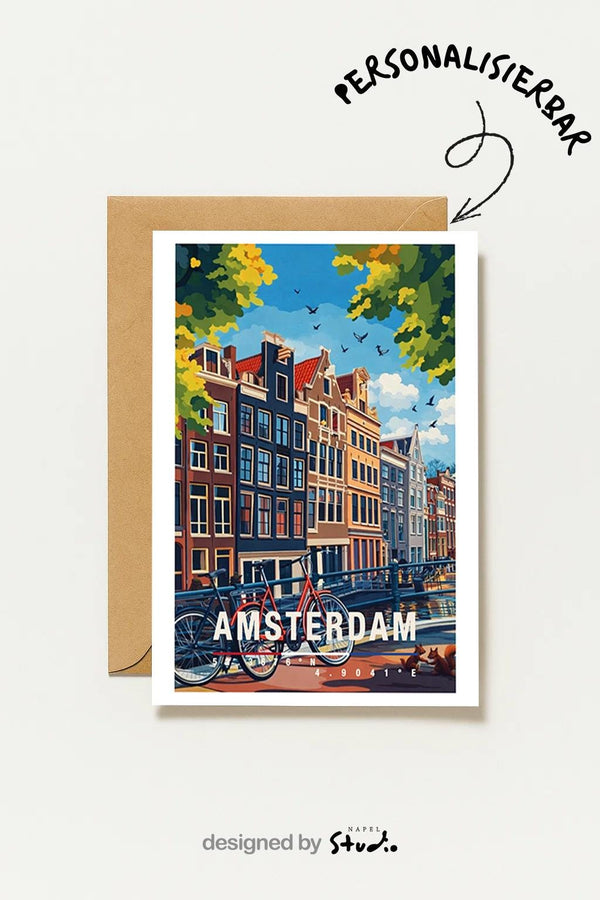 Postkarte Amsterdam, Fahrräder An Der Gracht, Niederlande Städtegruß, Urbane Reise Illustration, Europa