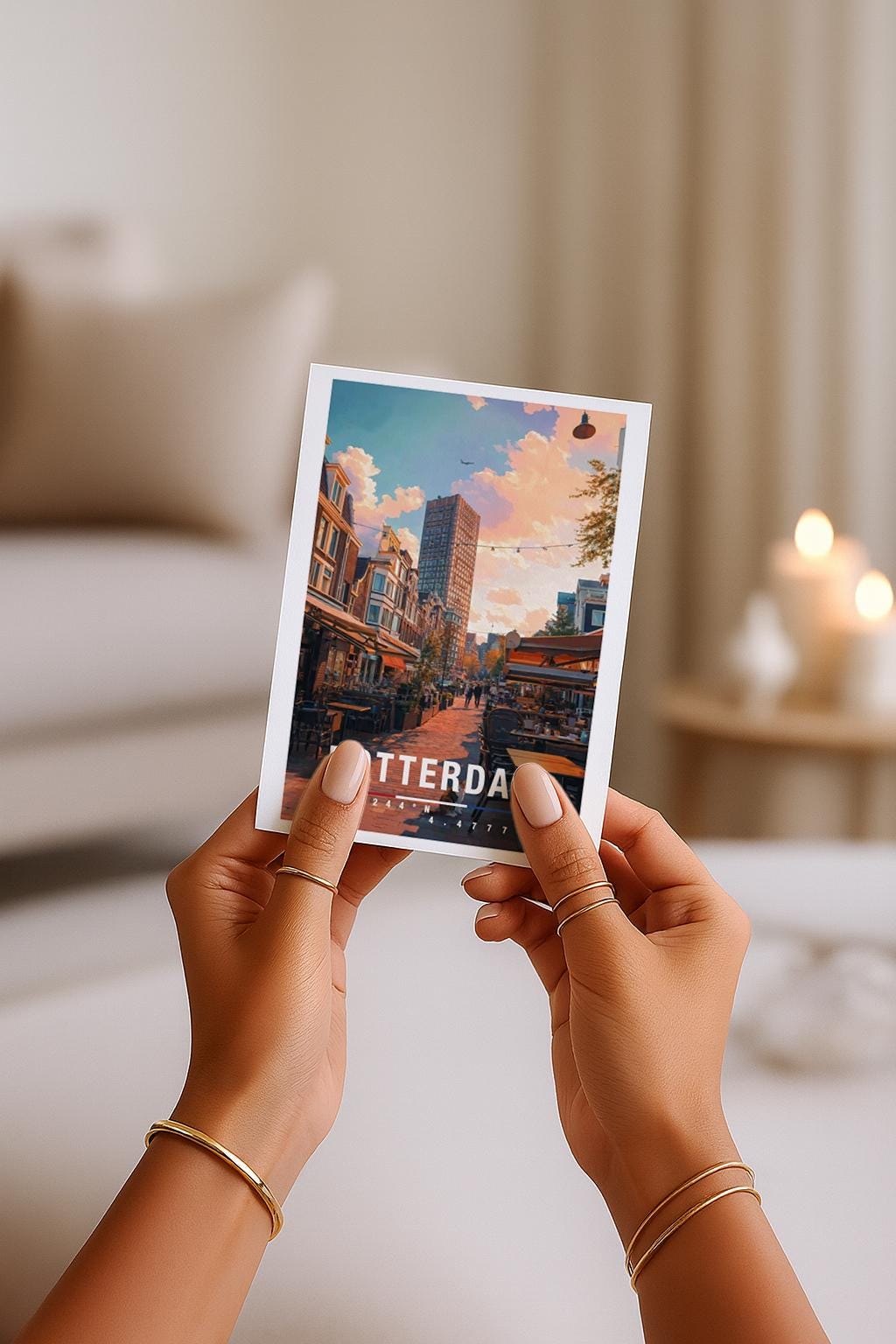 Illustrative Grußkarte mit einer warmen Straßenszene in Rotterdam, Niederlande. Zu sehen sind gemütliche Cafés mit Außentischen, typische niederländische Häuserfassaden und ein moderner Hochhausbau im Hintergrund. Die Abendstimmung mit weichem Licht vermittelt urbanes Flair, Reisegefühl und europäische Stadtromantik. Ideal als Städtegruß, Reisekarte oder Erinnerung an Rotterdam.