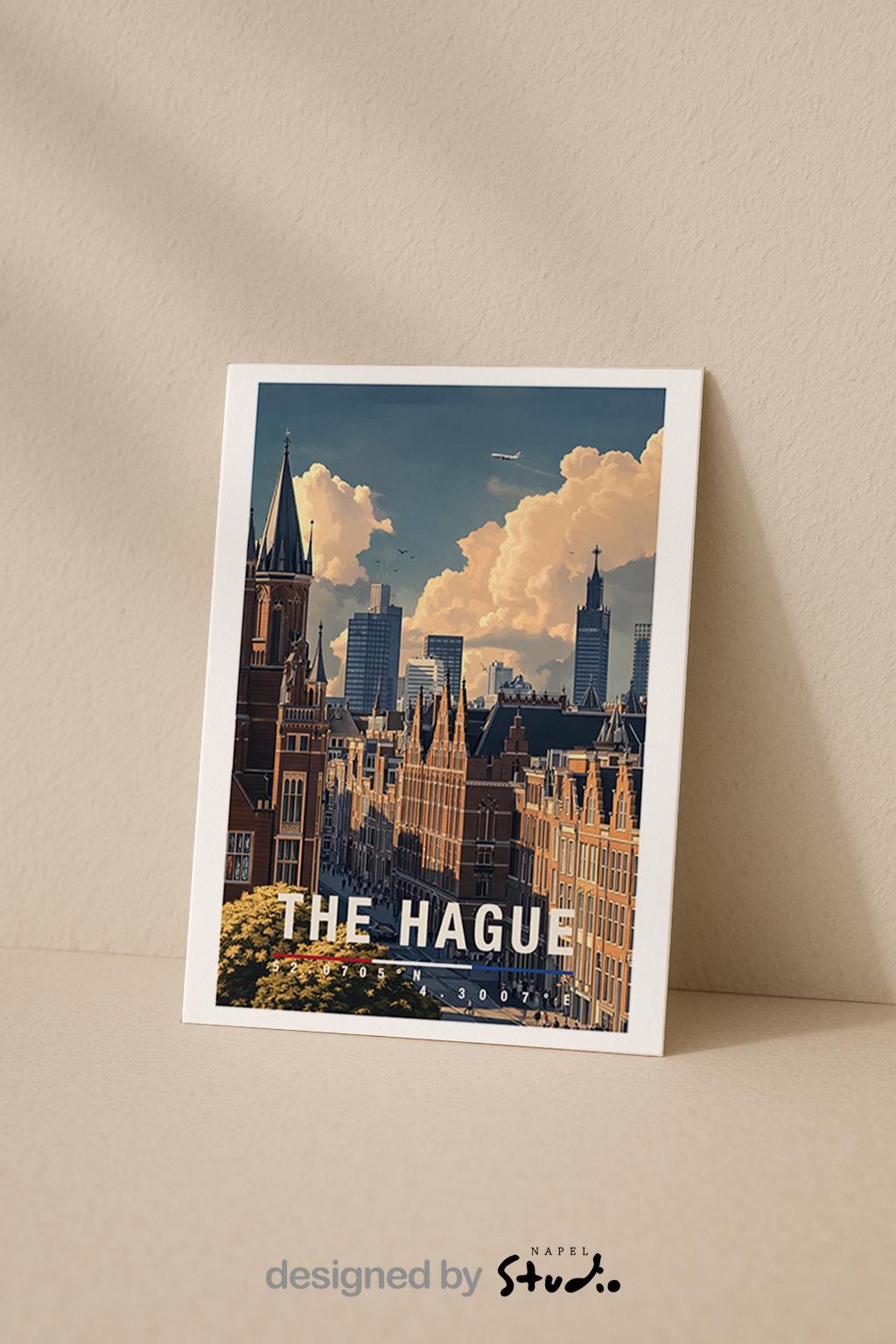 Diese Grußkarte zeigt eine moderne Gracht in Den Haag mit spiegelndem Wasser, traditionellen Häusern und zeitgenössischer Skyline im Hintergrund. Die Illustration verbindet klassische niederländische Architektur mit urbanem Großstadtgefühl und ist ideal als moderne Reisekarte oder stilvoller Städtegruß.