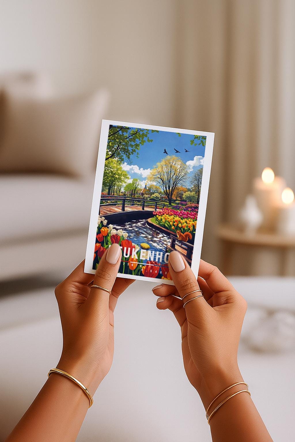 Farbenfrohe Grußkarte mit Blick auf den Keukenhof in den Niederlanden. Zu sehen sind blühende Tulpenbeete, ein kleiner Bach und eine Brücke inmitten einer gepflegten Gartenlandschaft. Die Illustration strahlt Frühling, Natur und Ruhe aus und eignet sich perfekt als Blumen- oder Reisekarte.