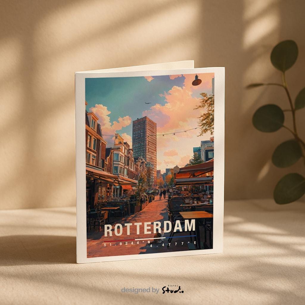 Illustrative Grußkarte mit einer warmen Straßenszene in Rotterdam, Niederlande. Zu sehen sind gemütliche Cafés mit Außentischen, typische niederländische Häuserfassaden und ein moderner Hochhausbau im Hintergrund. Die Abendstimmung mit weichem Licht vermittelt urbanes Flair, Reisegefühl und europäische Stadtromantik. Ideal als Städtegruß, Reisekarte oder Erinnerung an Rotterdam.