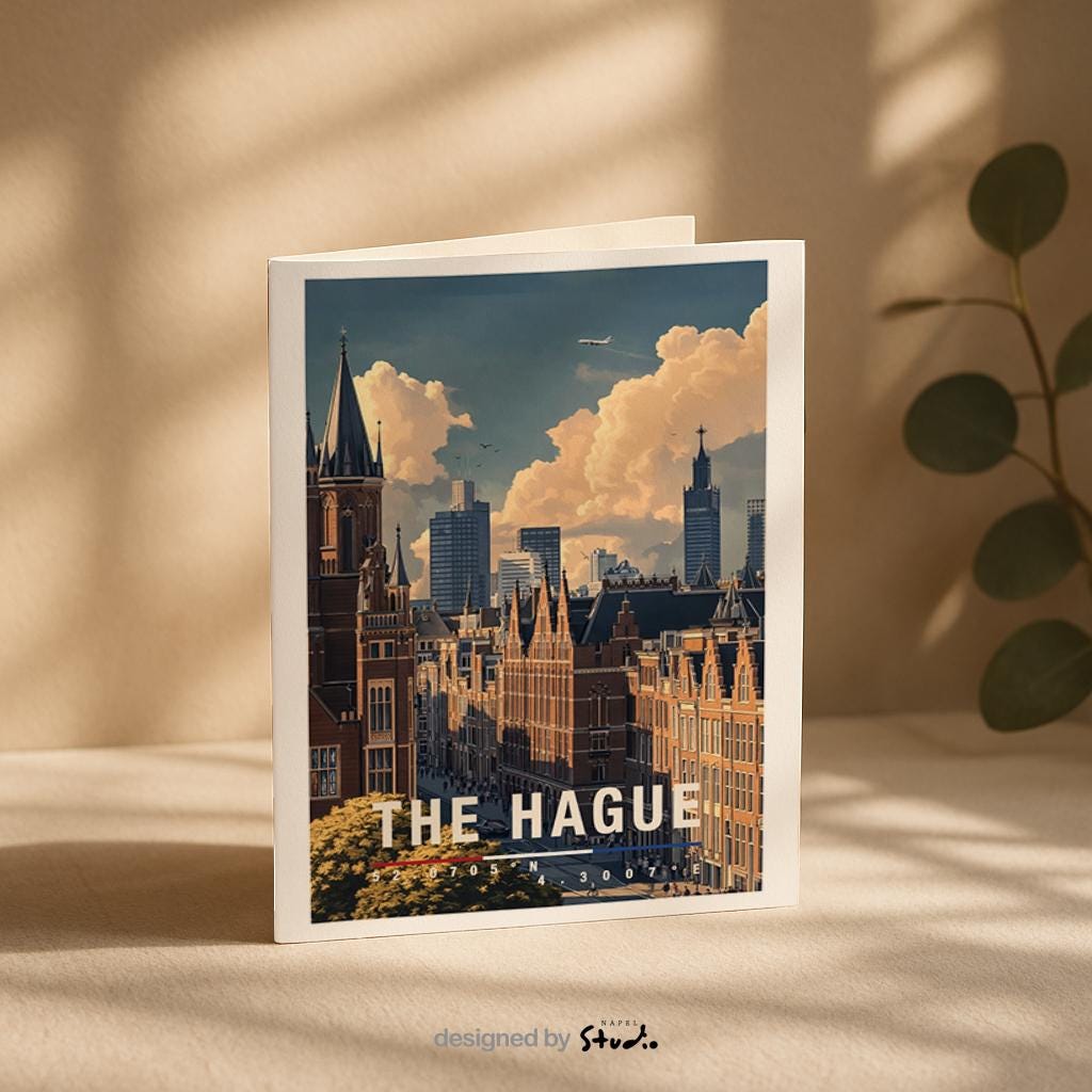 Diese Grußkarte zeigt eine moderne Gracht in Den Haag mit spiegelndem Wasser, traditionellen Häusern und zeitgenössischer Skyline im Hintergrund. Die Illustration verbindet klassische niederländische Architektur mit urbanem Großstadtgefühl und ist ideal als moderne Reisekarte oder stilvoller Städtegruß.