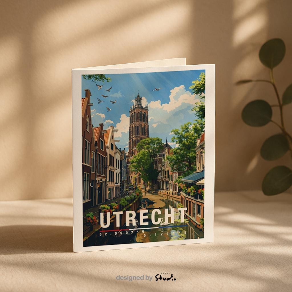 Diese Grußkarte zeigt eine malerische Gracht in Utrecht mit historischen Häusern, Booten und dem markanten Domturm im Hintergrund. Die Illustration vermittelt Ruhe, Geschichte und typisch niederländisches Stadtgefühl – ideal als stilvolle Reisekarte oder persönlicher Gruß aus Utrecht.