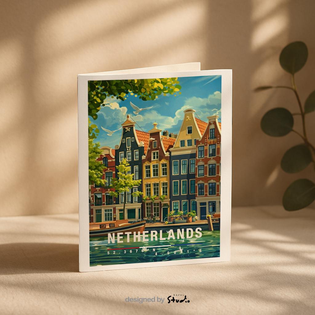 Diese Grußkarte zeigt klassische niederländische Grachtenhäuser mit spiegelndem Wasser, Booten und grünen Akzenten. Die Illustration steht symbolisch für die Niederlande und vermittelt Ruhe, Architektur und europäisches Stadtflair – ideal als allgemeine Reisekarte oder stilvoller Gruß.
