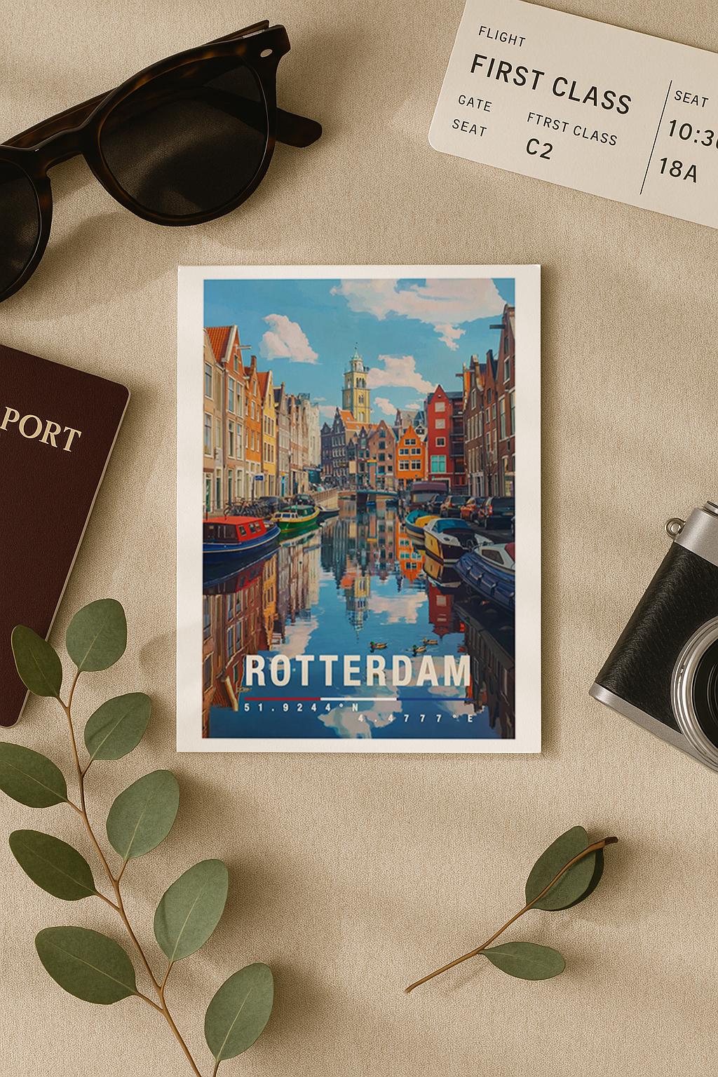 Diese Grußkarte zeigt eine idyllische Gracht in Rotterdam mit spiegelndem Wasser, bunten Häuserfassaden und Booten. Die detailreiche Illustration fängt die ruhige Atmosphäre der niederländischen Wasserstadt ein und vermittelt ein Gefühl von Reise, Entschleunigung und urbaner Romantik. Perfekt als Grußkarte, Reisekarte oder Erinnerung an die Niederlande.