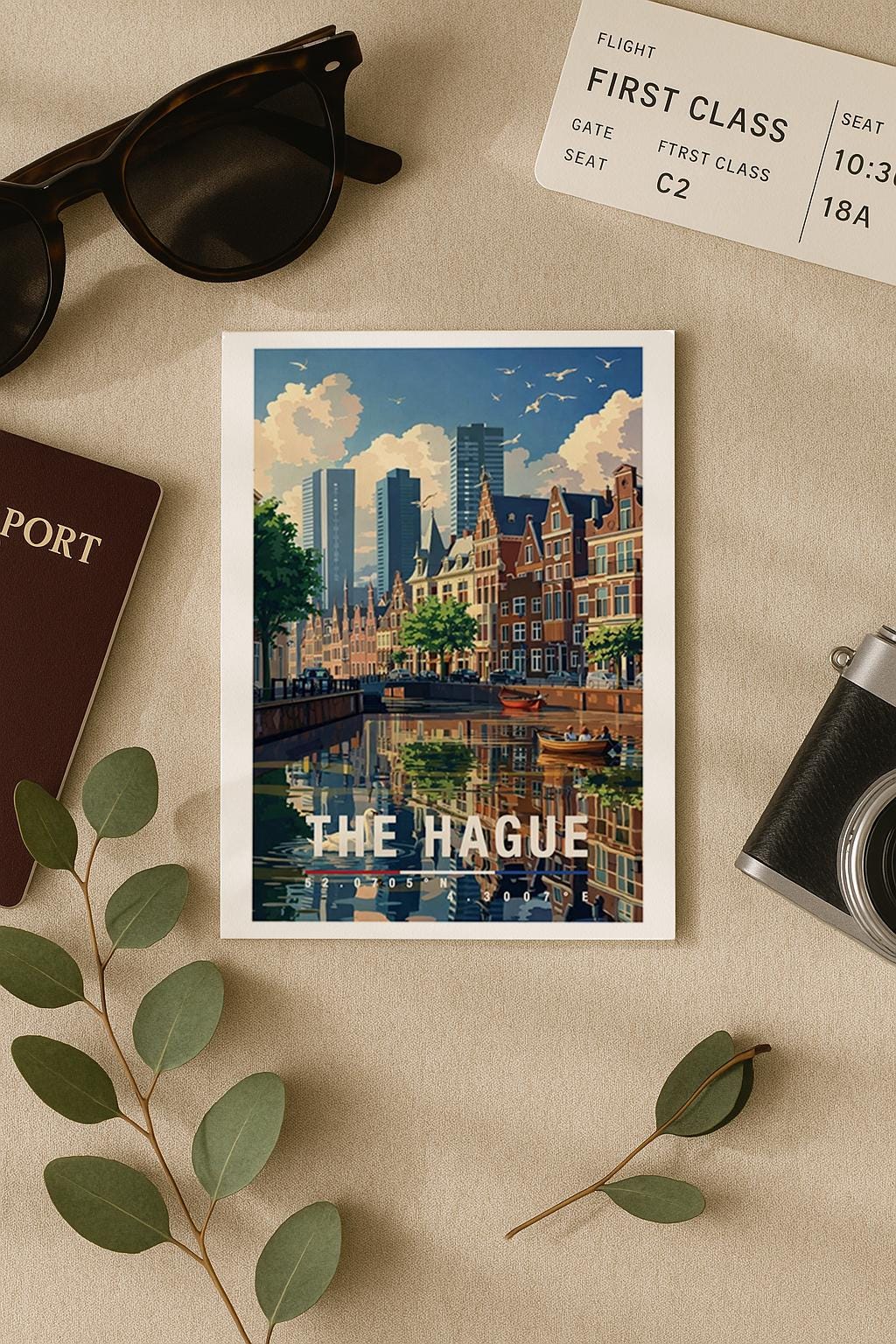 Illustrative Grußkarte mit Blick auf die historische Altstadt von Den Haag. Zu sehen sind klassische Backsteinfassaden, Kirchtürme und urbane Architektur vor einem dramatischen Himmel. Die Szene verbindet Tradition und Moderne und eignet sich ideal als stilvolle Reisekarte oder persönlicher Städtegruß aus den Niederlanden.