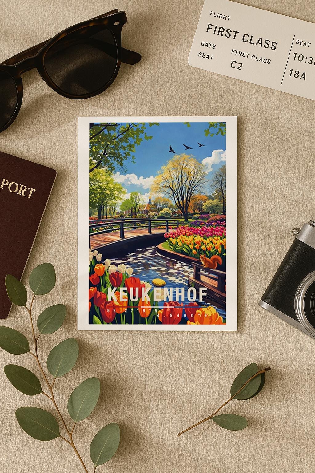 Farbenfrohe Grußkarte mit Blick auf den Keukenhof in den Niederlanden. Zu sehen sind blühende Tulpenbeete, ein kleiner Bach und eine Brücke inmitten einer gepflegten Gartenlandschaft. Die Illustration strahlt Frühling, Natur und Ruhe aus und eignet sich perfekt als Blumen- oder Reisekarte.