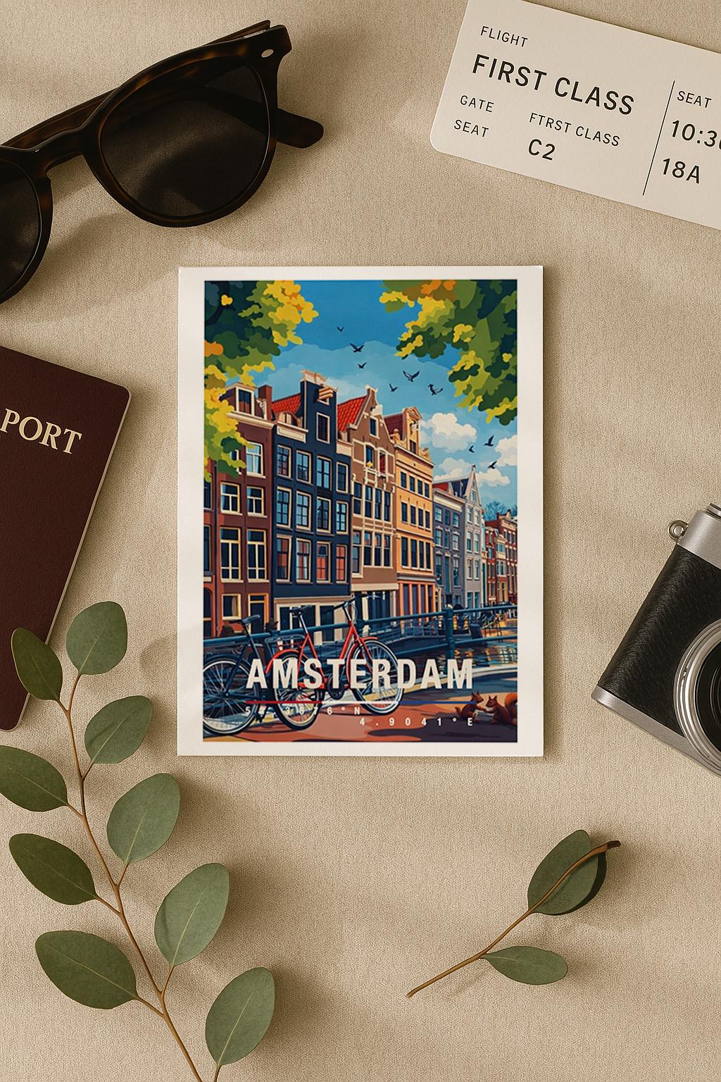 Illustrative Grußkarte mit mehreren Fahrrädern an einer Amsterdamer Gracht, umgeben von typischen schmalen Häuserfassaden. Die Szene steht für Alltag, Freiheit und urbanes Lebensgefühl in den Niederlanden und eignet sich ideal als moderne Reisekarte oder Städtegruß.