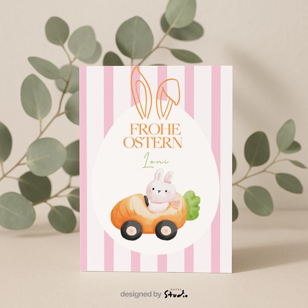Liebevoll gestaltete Oster Grußkarte mit süßem Hasen in einem kleinen Auto aus Karotte, pastellfarbene Illustration im Ei-Format, ideal als personalisierte Osterkarte für Kinder, Familie oder Enkel, fröhliches Frühlingsmotiv mit niedlichem Osterhasen und weichen Farben.