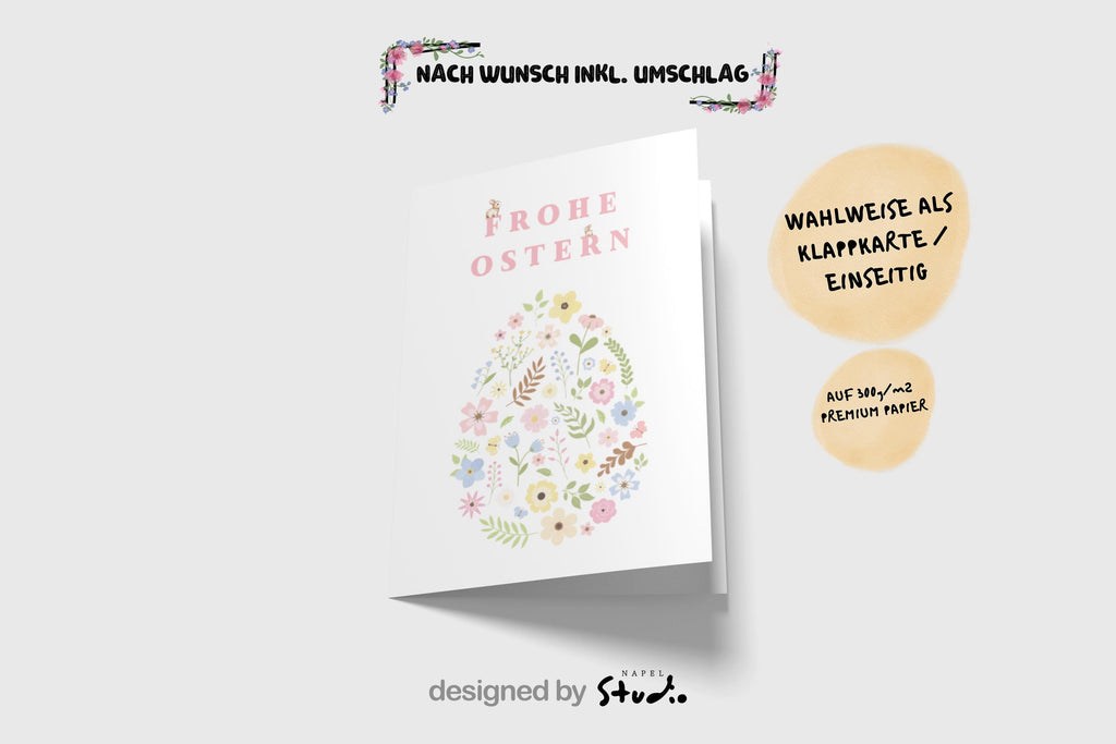 Zarte Oster Grußkarte mit floraler Illustration in Form eines Ostereis, feine Blumen und Blätter in sanften Pastellfarben, minimalistisches und elegantes Design, ideal als stilvolle Osterkarte für Familie, Freunde oder Kollegen, perfekte Frühlingskarte mit liebevollem Charakter.