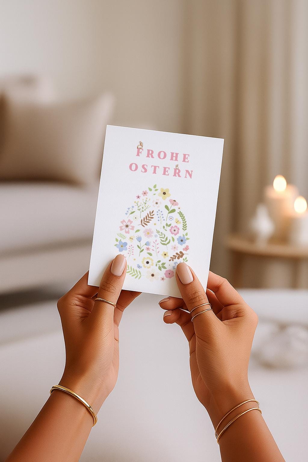 Zarte Oster Grußkarte mit floraler Illustration in Form eines Ostereis, feine Blumen und Blätter in sanften Pastellfarben, minimalistisches und elegantes Design, ideal als stilvolle Osterkarte für Familie, Freunde oder Kollegen, perfekte Frühlingskarte mit liebevollem Charakter.