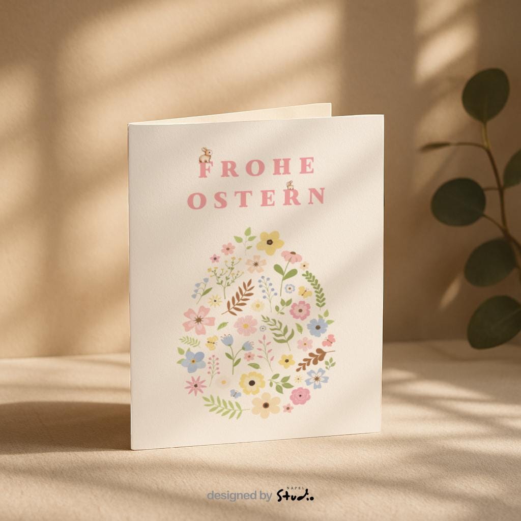 Zarte Oster Grußkarte mit floraler Illustration in Form eines Ostereis, feine Blumen und Blätter in sanften Pastellfarben, minimalistisches und elegantes Design, ideal als stilvolle Osterkarte für Familie, Freunde oder Kollegen, perfekte Frühlingskarte mit liebevollem Charakter.