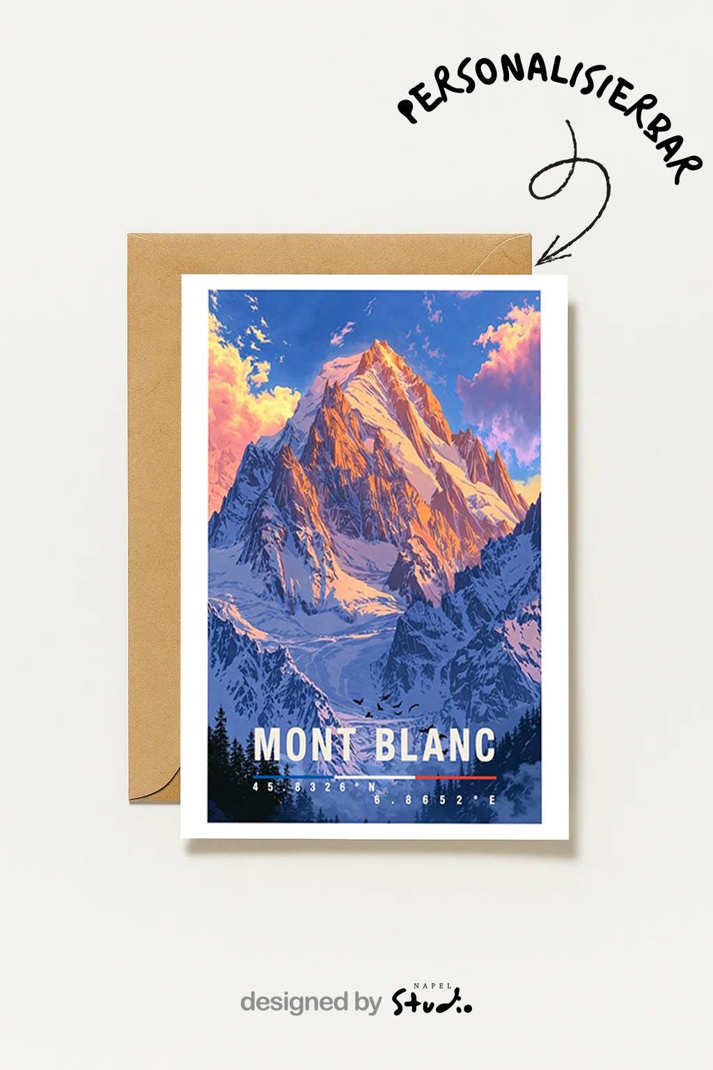 Illustrierte Grußkarte mit Mont-Blanc-Motiv zeigt den majestätischen, schneebedeckten Berg vor einem farbenfrohen Himmel in sanften Blau- und Rosatönen. Die detailreiche Darstellung der Alpenlandschaft vermittelt Naturverbundenheit, Weite und Abenteuerlust. Diese Karte eignet sich perfekt als Reise-Grußkarte, Naturmotiv oder Geschenk für Bergliebhaber, Wanderfreunde und Menschen mit einer besonderen Verbindung zu den französischen Alpen.