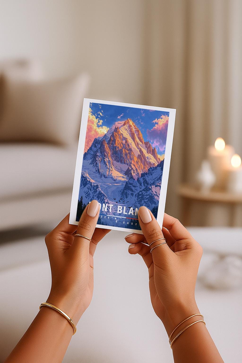 Illustrierte Grußkarte mit Mont-Blanc-Motiv zeigt den majestätischen, schneebedeckten Berg vor einem farbenfrohen Himmel in sanften Blau- und Rosatönen. Die detailreiche Darstellung der Alpenlandschaft vermittelt Naturverbundenheit, Weite und Abenteuerlust. Diese Karte eignet sich perfekt als Reise-Grußkarte, Naturmotiv oder Geschenk für Bergliebhaber, Wanderfreunde und Menschen mit einer besonderen Verbindung zu den französischen Alpen.