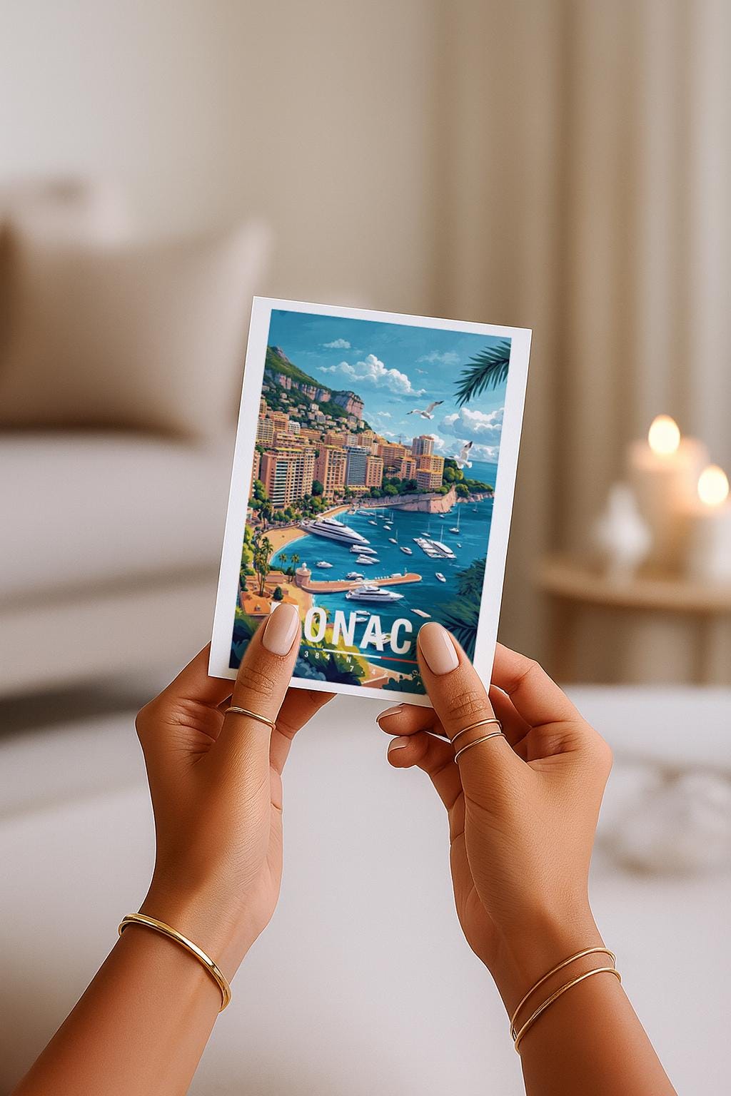 Illustrierte Grußkarte mit Monaco-Motiv zeigt die luxuriöse Küstenstadt mit eleganten Gebäuden, Yachthafen und tiefblauem Mittelmeer. Die sonnige Farbpalette und der detailreiche Illustrationsstil vermitteln Glamour, Urlaub und mediterranes Lebensgefühl. Perfekt als Reise-Grußkarte, Urlaubsgruß oder Geschenk für Liebhaber der Côte d’Azur, Monaco-Fans und Menschen mit Fernweh nach dem Süden.