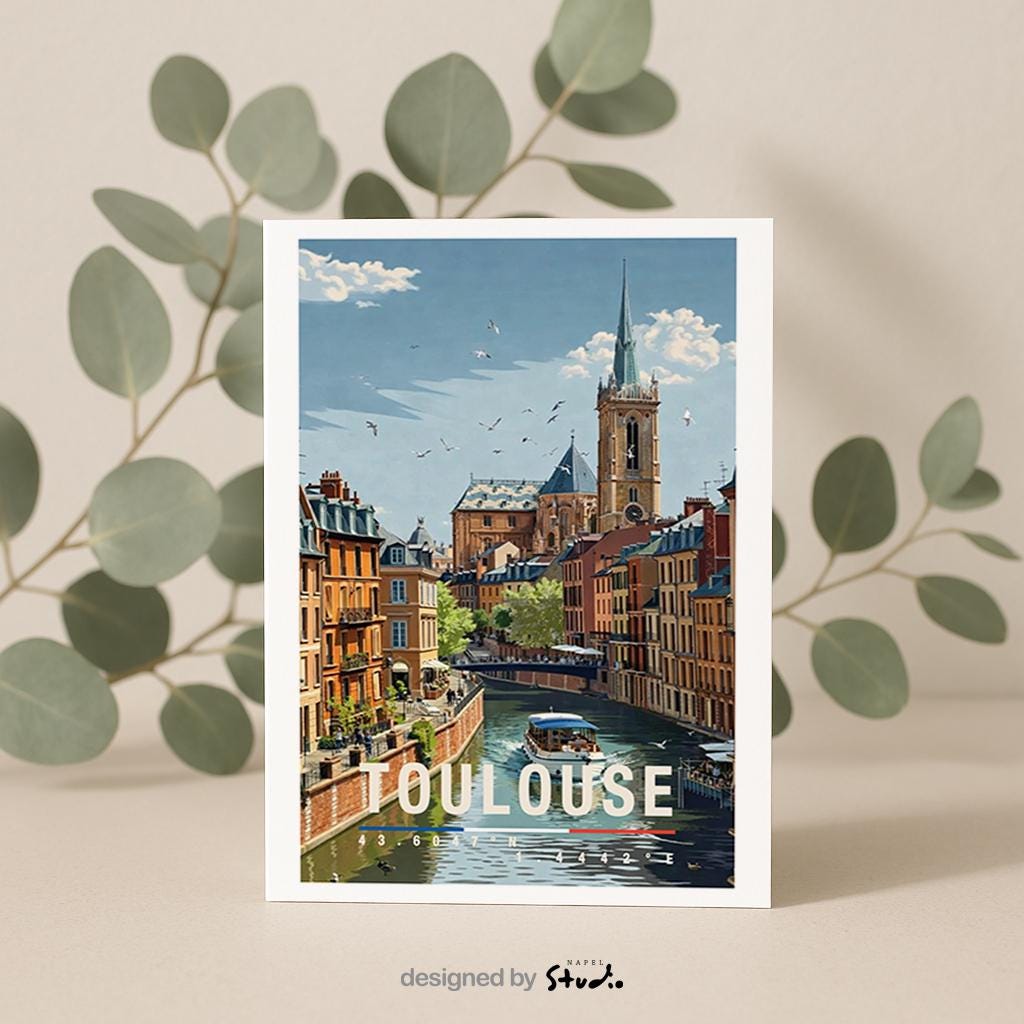 Illustrierte Grußkarte mit Toulouse-Motiv zeigt eine romantische Stadtansicht entlang eines ruhigen Kanals, umgeben von historischen Gebäuden mit warmen Ziegel- und Pastelltönen. Im Hintergrund ragt eine markante Kirche empor, während sich die Architektur im Wasser spiegelt. Die detailreiche Illustration vermittelt französisches Lebensgefühl, Nostalgie und Reiseerinnerungen. Ideal als Städtegruß, Reise-Grußkarte oder Geschenk für Frankreich-Fans, Weltenbummler und Menschen.