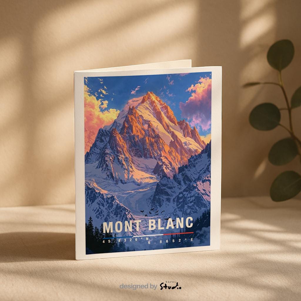 Illustrierte Grußkarte mit Mont-Blanc-Motiv zeigt den majestätischen, schneebedeckten Berg vor einem farbenfrohen Himmel in sanften Blau- und Rosatönen. Die detailreiche Darstellung der Alpenlandschaft vermittelt Naturverbundenheit, Weite und Abenteuerlust. Diese Karte eignet sich perfekt als Reise-Grußkarte, Naturmotiv oder Geschenk für Bergliebhaber, Wanderfreunde und Menschen mit einer besonderen Verbindung zu den französischen Alpen.