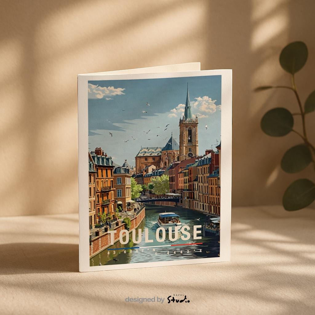 Illustrierte Grußkarte mit Toulouse-Motiv zeigt eine romantische Stadtansicht entlang eines ruhigen Kanals, umgeben von historischen Gebäuden mit warmen Ziegel- und Pastelltönen. Im Hintergrund ragt eine markante Kirche empor, während sich die Architektur im Wasser spiegelt. Die detailreiche Illustration vermittelt französisches Lebensgefühl, Nostalgie und Reiseerinnerungen. Ideal als Städtegruß, Reise-Grußkarte oder Geschenk für Frankreich-Fans, Weltenbummler und Menschen.