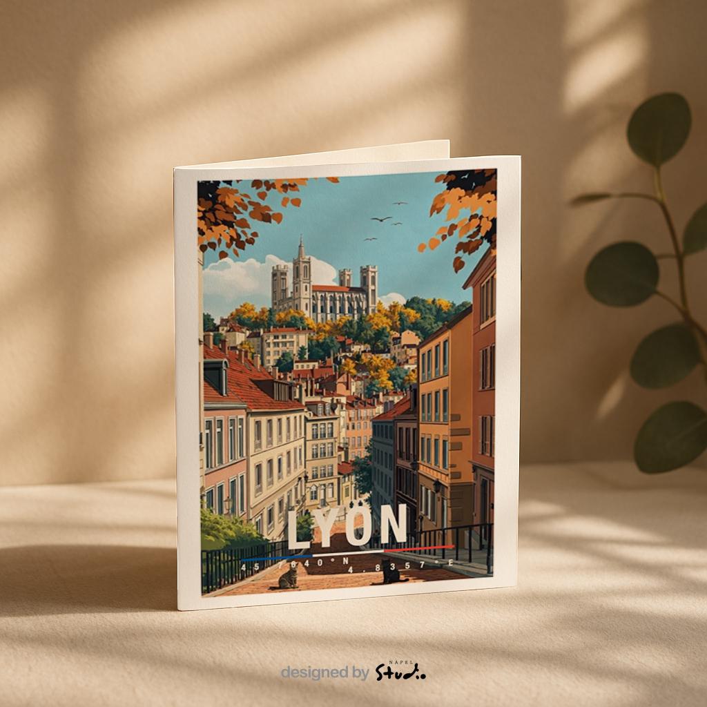 Diese Grußkarte mit Lyon-Illustration zeigt eine charmante Altstadt mit historischen Häusern, verwinkelten Straßen und einer beeindruckenden Kirche auf einem Hügel im Hintergrund. Warme Herbstfarben und feine Details verleihen dem Motiv Tiefe und französische Eleganz. Ideal als Städtegruß, Reiseerinnerung oder Geschenk für Frankreich-Fans, Architektur-Liebhaber und Menschen, die Lyon im Herzen tragen.