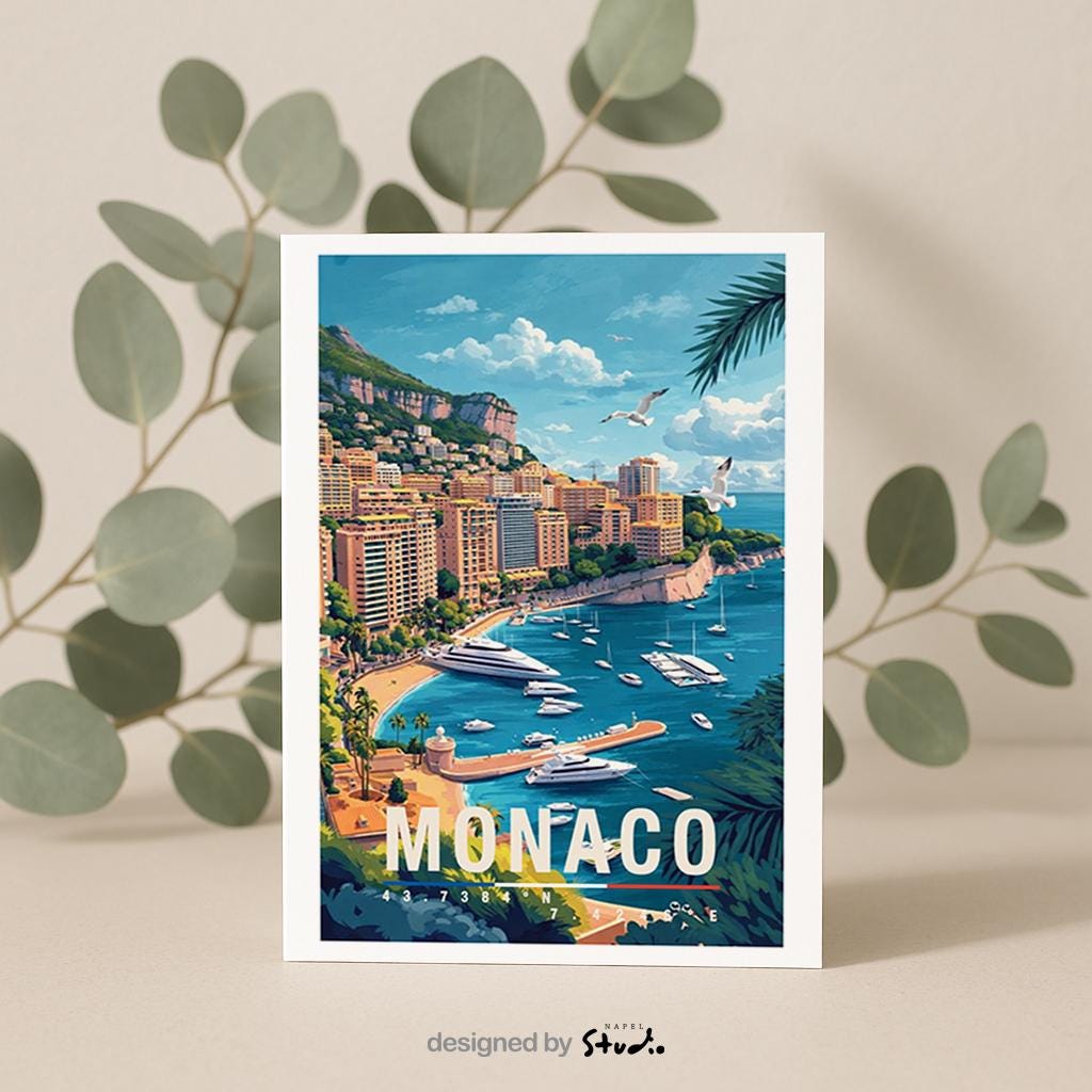 Illustrierte Grußkarte mit Monaco-Motiv zeigt die luxuriöse Küstenstadt mit eleganten Gebäuden, Yachthafen und tiefblauem Mittelmeer. Die sonnige Farbpalette und der detailreiche Illustrationsstil vermitteln Glamour, Urlaub und mediterranes Lebensgefühl. Perfekt als Reise-Grußkarte, Urlaubsgruß oder Geschenk für Liebhaber der Côte d’Azur, Monaco-Fans und Menschen mit Fernweh nach dem Süden.