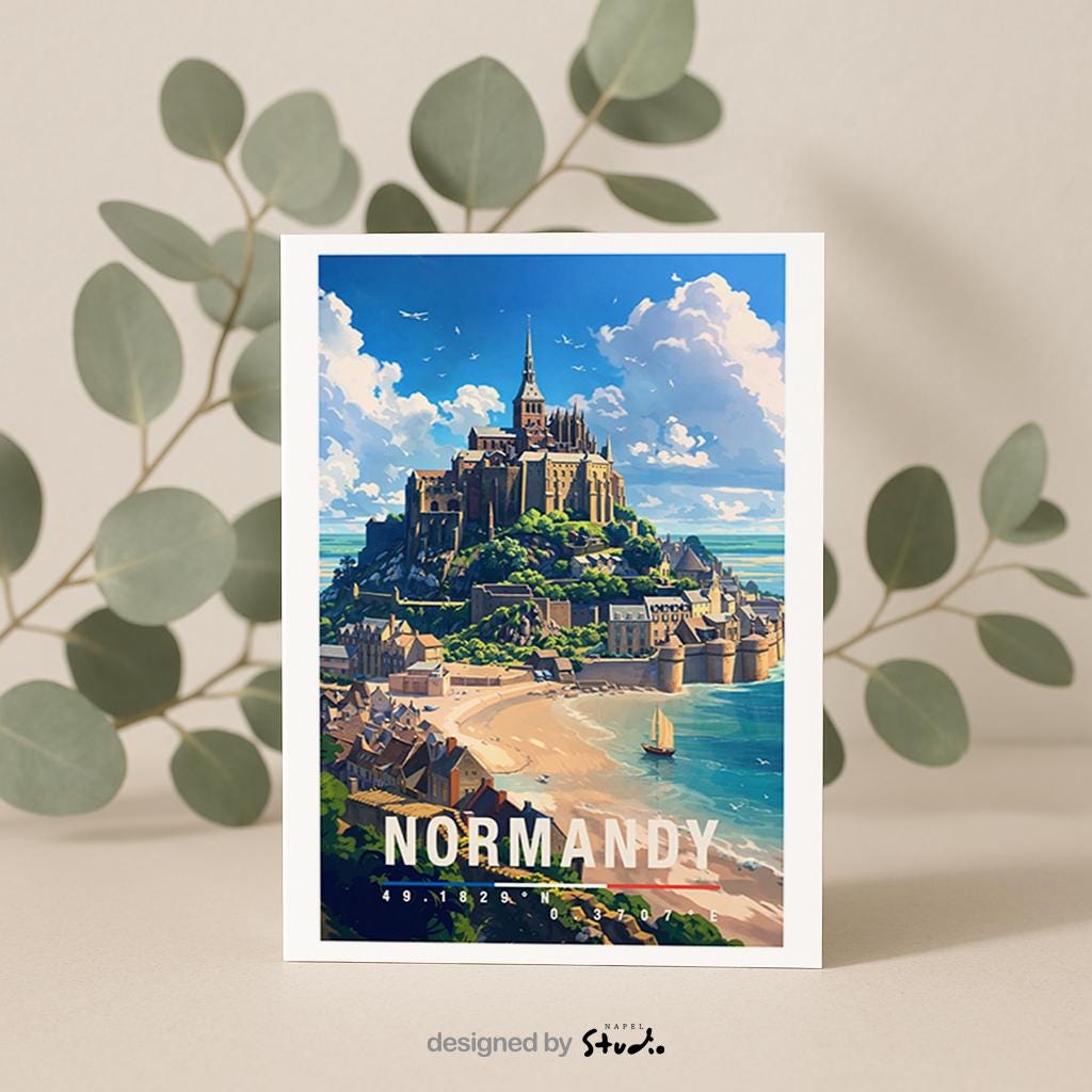 Diese illustrierte Grußkarte zeigt eine beeindruckende Küstenlandschaft der Normandie mit einer historischen Abtei auf einem Felsen, umgeben von Meer, Strand und kleinen Häusern. Die weiten Himmel und sanften Farben vermitteln Ruhe, Geschichte und Naturverbundenheit. Ideal als Reise-Grußkarte, Erinnerungsstück oder Geschenk für Frankreich-Liebhaber, Küstenfans und Menschen mit Bezug zur Normandie.