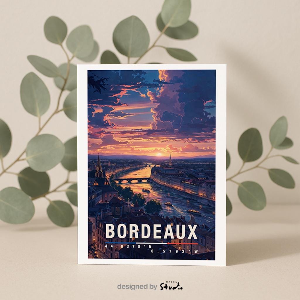 Illustration einer Grußkarte mit Bordeaux-Motiv zeigt die Stadt bei Sonnenuntergang mit Fluss, Brücken und historischer Architektur in warmen Abendfarben. Die Spiegelungen im Wasser und der stimmungsvolle Himmel erzeugen Eleganz und Romantik. Diese Karte eignet sich perfekt als Städtegruß, Reiseerinnerung oder Geschenk für Weinliebhaber, Frankreich-Fans und Menschen mit besonderer Verbindung zu Bordeaux.