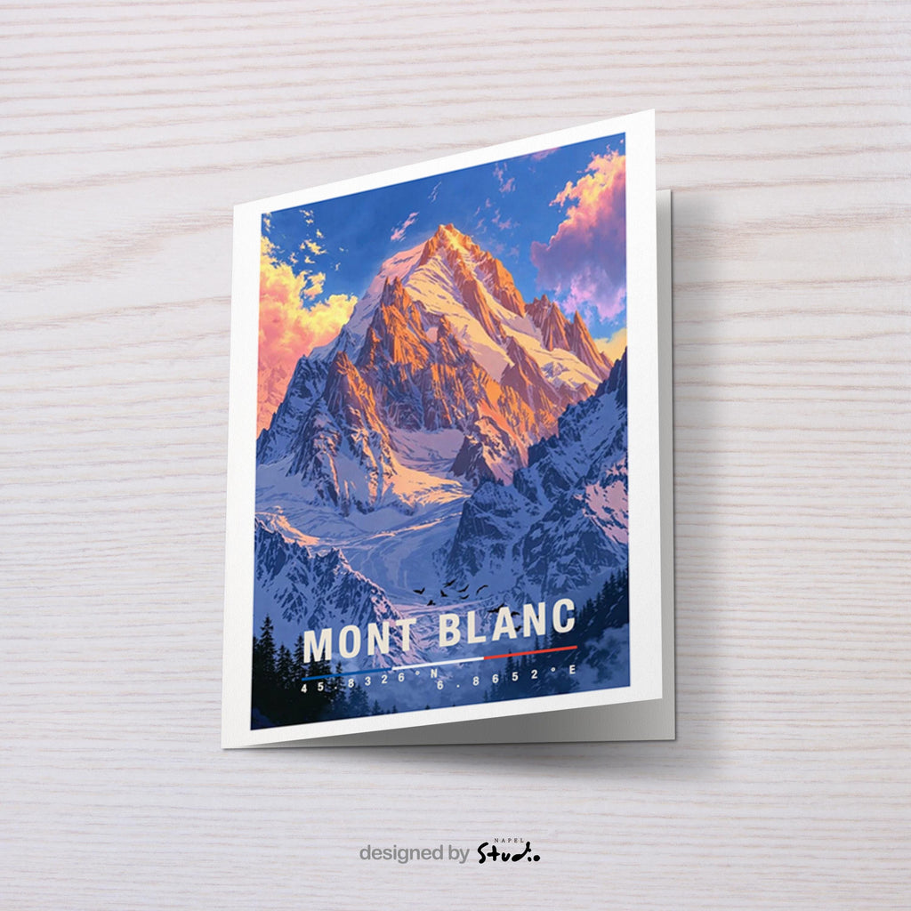 Illustrierte Grußkarte mit Mont-Blanc-Motiv zeigt den majestätischen, schneebedeckten Berg vor einem farbenfrohen Himmel in sanften Blau- und Rosatönen. Die detailreiche Darstellung der Alpenlandschaft vermittelt Naturverbundenheit, Weite und Abenteuerlust. Diese Karte eignet sich perfekt als Reise-Grußkarte, Naturmotiv oder Geschenk für Bergliebhaber, Wanderfreunde und Menschen mit einer besonderen Verbindung zu den französischen Alpen.