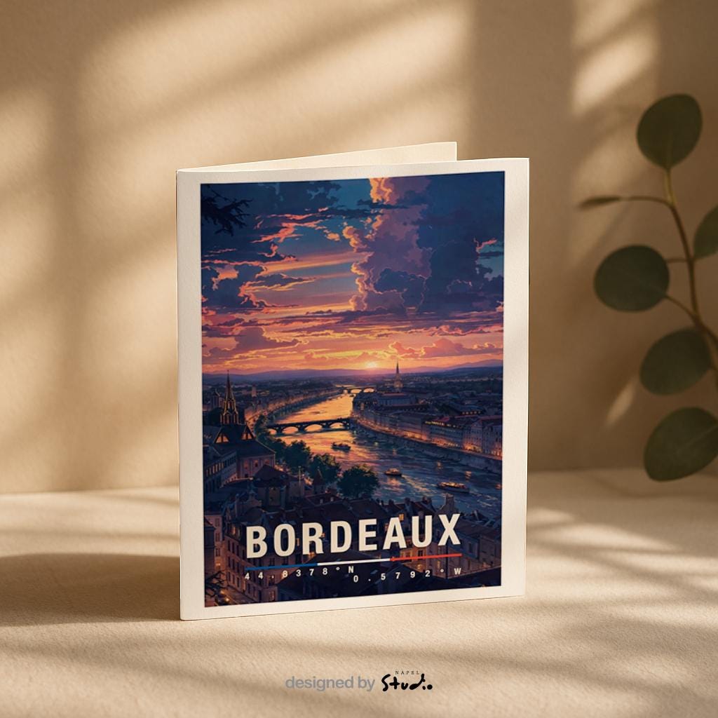 Illustration einer Grußkarte mit Bordeaux-Motiv zeigt die Stadt bei Sonnenuntergang mit Fluss, Brücken und historischer Architektur in warmen Abendfarben. Die Spiegelungen im Wasser und der stimmungsvolle Himmel erzeugen Eleganz und Romantik. Diese Karte eignet sich perfekt als Städtegruß, Reiseerinnerung oder Geschenk für Weinliebhaber, Frankreich-Fans und Menschen mit besonderer Verbindung zu Bordeaux.