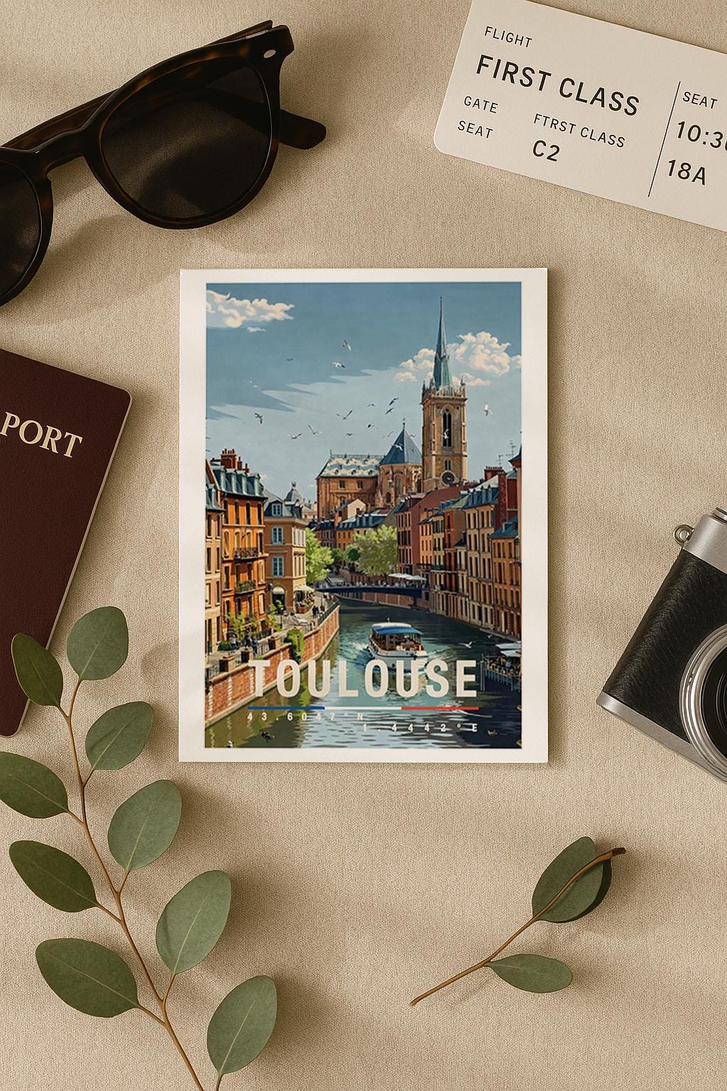 Illustrierte Grußkarte mit Toulouse-Motiv zeigt eine romantische Stadtansicht entlang eines ruhigen Kanals, umgeben von historischen Gebäuden mit warmen Ziegel- und Pastelltönen. Im Hintergrund ragt eine markante Kirche empor, während sich die Architektur im Wasser spiegelt. Die detailreiche Illustration vermittelt französisches Lebensgefühl, Nostalgie und Reiseerinnerungen. Ideal als Städtegruß, Reise-Grußkarte oder Geschenk für Frankreich-Fans, Weltenbummler und Menschen.