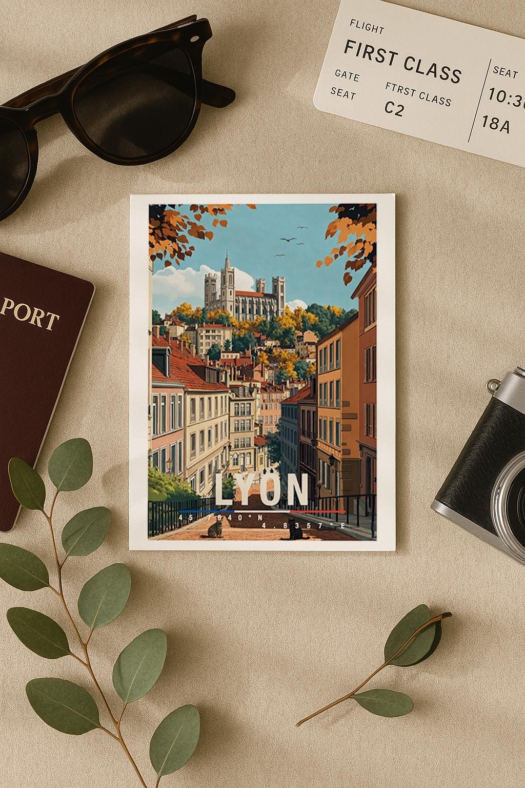 Diese Grußkarte mit Lyon-Illustration zeigt eine charmante Altstadt mit historischen Häusern, verwinkelten Straßen und einer beeindruckenden Kirche auf einem Hügel im Hintergrund. Warme Herbstfarben und feine Details verleihen dem Motiv Tiefe und französische Eleganz. Ideal als Städtegruß, Reiseerinnerung oder Geschenk für Frankreich-Fans, Architektur-Liebhaber und Menschen, die Lyon im Herzen tragen.