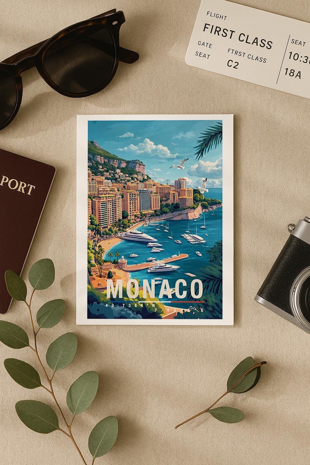 Illustrierte Grußkarte mit Monaco-Motiv zeigt die luxuriöse Küstenstadt mit eleganten Gebäuden, Yachthafen und tiefblauem Mittelmeer. Die sonnige Farbpalette und der detailreiche Illustrationsstil vermitteln Glamour, Urlaub und mediterranes Lebensgefühl. Perfekt als Reise-Grußkarte, Urlaubsgruß oder Geschenk für Liebhaber der Côte d’Azur, Monaco-Fans und Menschen mit Fernweh nach dem Süden.