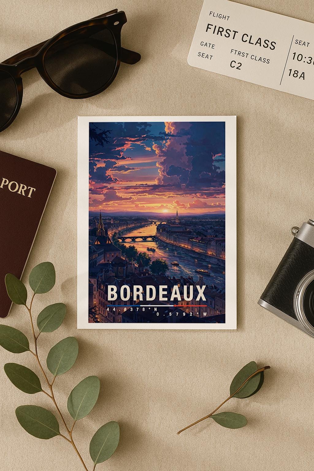 Illustration einer Grußkarte mit Bordeaux-Motiv zeigt die Stadt bei Sonnenuntergang mit Fluss, Brücken und historischer Architektur in warmen Abendfarben. Die Spiegelungen im Wasser und der stimmungsvolle Himmel erzeugen Eleganz und Romantik. Diese Karte eignet sich perfekt als Städtegruß, Reiseerinnerung oder Geschenk für Weinliebhaber, Frankreich-Fans und Menschen mit besonderer Verbindung zu Bordeaux.