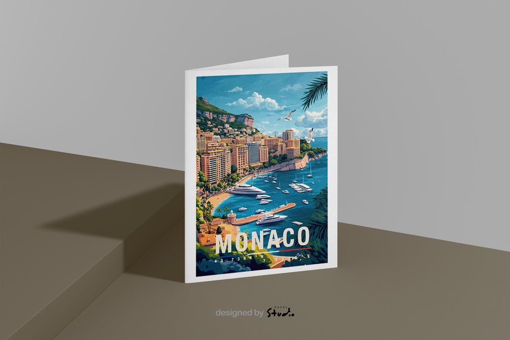 Illustrierte Grußkarte mit Monaco-Motiv zeigt die luxuriöse Küstenstadt mit eleganten Gebäuden, Yachthafen und tiefblauem Mittelmeer. Die sonnige Farbpalette und der detailreiche Illustrationsstil vermitteln Glamour, Urlaub und mediterranes Lebensgefühl. Perfekt als Reise-Grußkarte, Urlaubsgruß oder Geschenk für Liebhaber der Côte d’Azur, Monaco-Fans und Menschen mit Fernweh nach dem Süden.