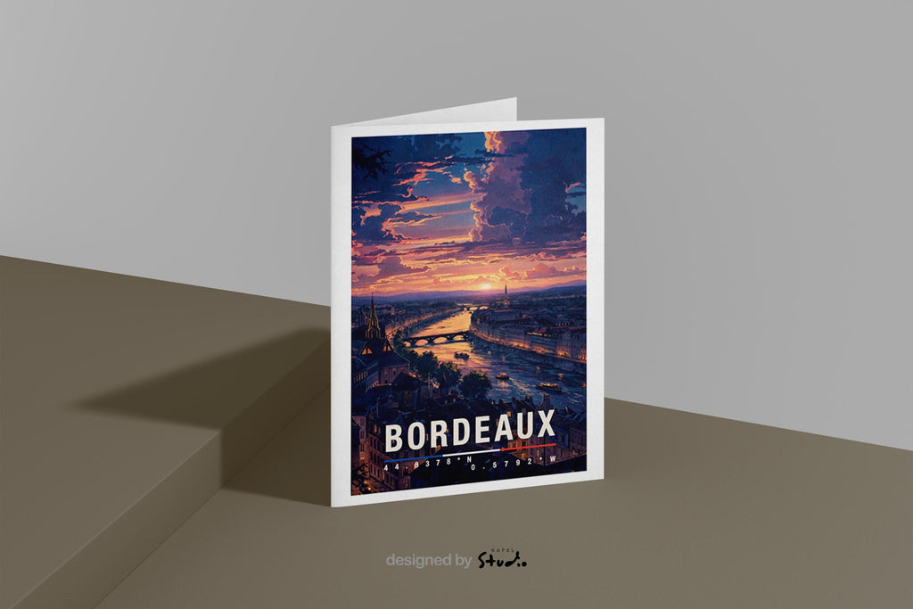 Illustration einer Grußkarte mit Bordeaux-Motiv zeigt die Stadt bei Sonnenuntergang mit Fluss, Brücken und historischer Architektur in warmen Abendfarben. Die Spiegelungen im Wasser und der stimmungsvolle Himmel erzeugen Eleganz und Romantik. Diese Karte eignet sich perfekt als Städtegruß, Reiseerinnerung oder Geschenk für Weinliebhaber, Frankreich-Fans und Menschen mit besonderer Verbindung zu Bordeaux.