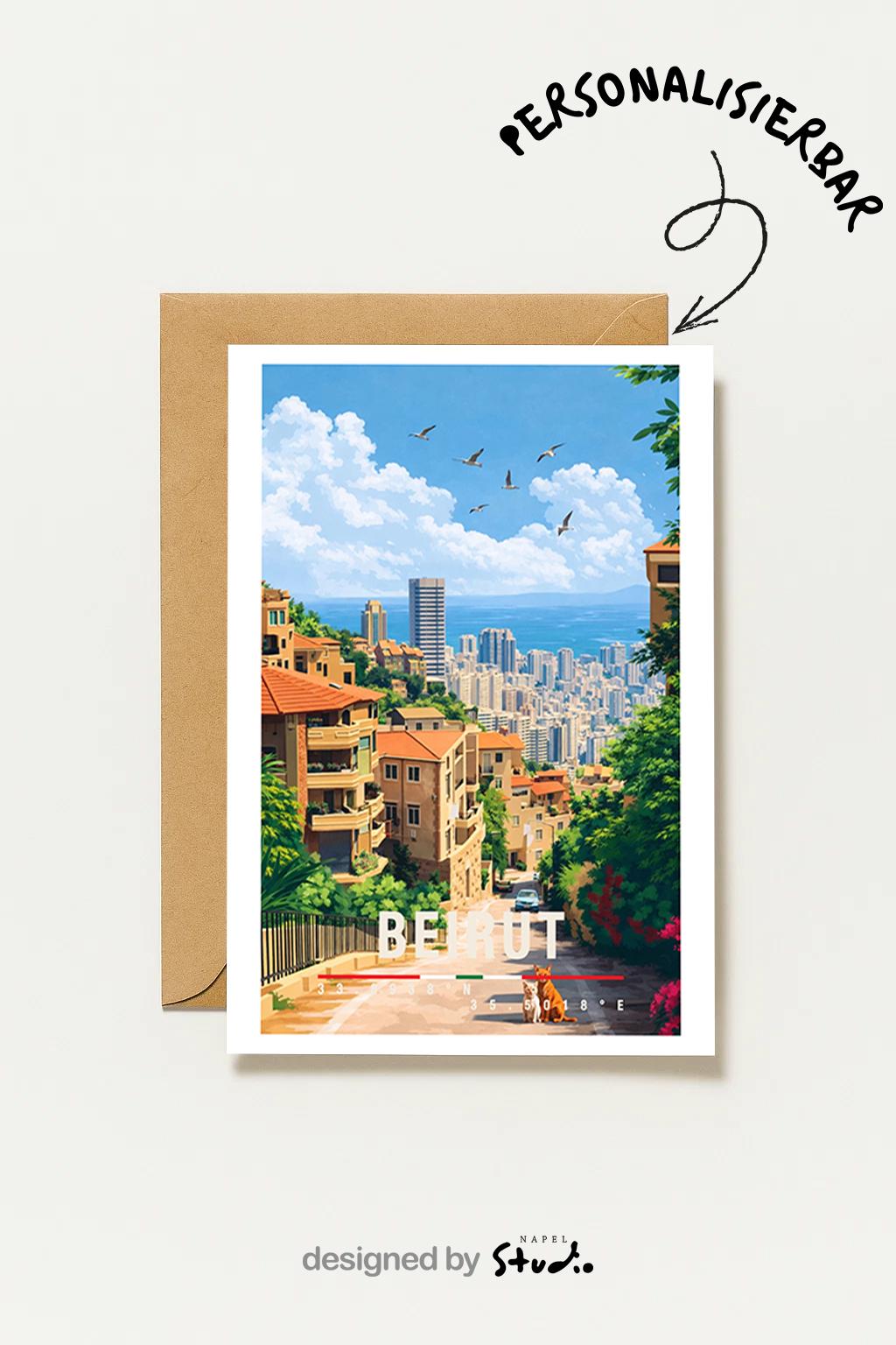 Illustrierte Grußkarte mit Beirut-Motiv im Libanon. Eine ruhige Stadtstraße führt zwischen mediterranen Wohnhäusern mit Balkonen, Pflanzen und warmen Fassaden hindurch. Im Hintergrund öffnet sich der Blick auf moderne Gebäude und die hügelige Landschaft. Die Illustration verbindet urbanes Leben mit Natur und vermittelt ein Gefühl von Alltag, Kultur und Heimat. Ideal als Reise-Grußkarte, Erinnerung oder persönlicher Gruß für Beirut- und Libanon-Liebhaber.