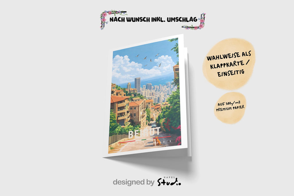 Illustrierte Grußkarte mit Beirut-Motiv im Libanon. Eine ruhige Stadtstraße führt zwischen mediterranen Wohnhäusern mit Balkonen, Pflanzen und warmen Fassaden hindurch. Im Hintergrund öffnet sich der Blick auf moderne Gebäude und die hügelige Landschaft. Die Illustration verbindet urbanes Leben mit Natur und vermittelt ein Gefühl von Alltag, Kultur und Heimat. Ideal als Reise-Grußkarte, Erinnerung oder persönlicher Gruß für Beirut- und Libanon-Liebhaber.