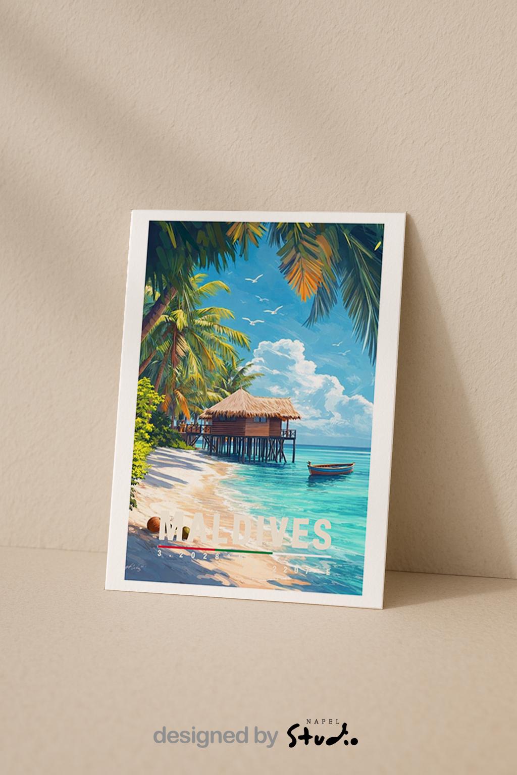 Stilvolle Grußkarte mit idyllischem Maldives-Strandmotiv: feiner weißer Sand, sanfte türkisfarbene Wellen, schattenspendende Palmen und ein Strandhaus direkt am Meer. Das Motiv strahlt Wärme, Entspannung und Urlaubsgefühl aus. Perfekt als Grußkarte für Urlaubsgrüße, Hochzeiten, Jahrestage, Valentinstag oder als liebevolle Aufmerksamkeit für Menschen, die Sonne, Meer und exotische Reiseziele lieben.