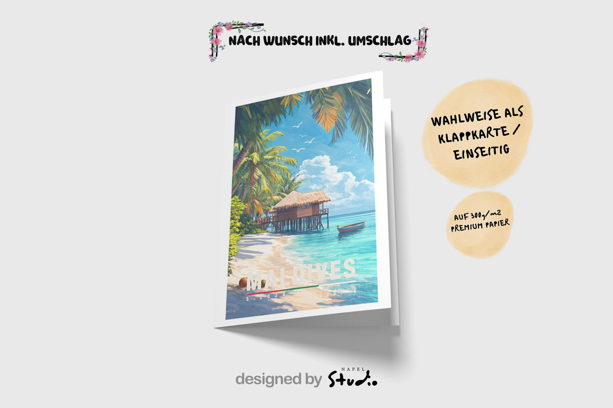 Stilvolle Grußkarte mit idyllischem Maldives-Strandmotiv: feiner weißer Sand, sanfte türkisfarbene Wellen, schattenspendende Palmen und ein Strandhaus direkt am Meer. Das Motiv strahlt Wärme, Entspannung und Urlaubsgefühl aus. Perfekt als Grußkarte für Urlaubsgrüße, Hochzeiten, Jahrestage, Valentinstag oder als liebevolle Aufmerksamkeit für Menschen, die Sonne, Meer und exotische Reiseziele lieben.