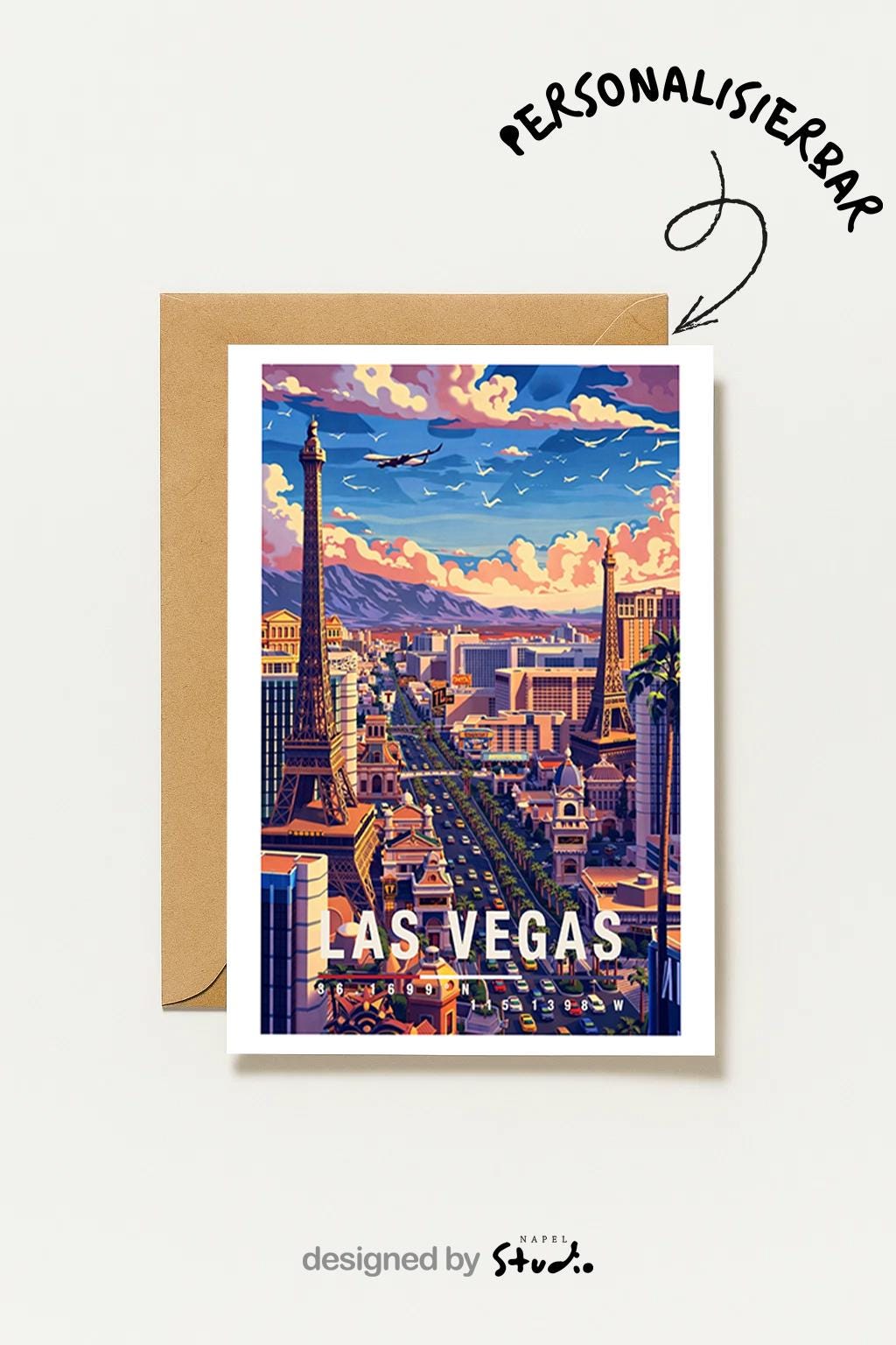 Illustrierte Grußkarte von Las Vegas bei Tageslicht mit berühmten Wahrzeichen des Strips, lebendiger Skyline und dynamischer Stadtatmosphäre. Die Szene steht für Entertainment, Reisen und Großstadtenergie und eignet sich perfekt als Grußkarte oder Geschenk für USA- und Vegas-Fans.