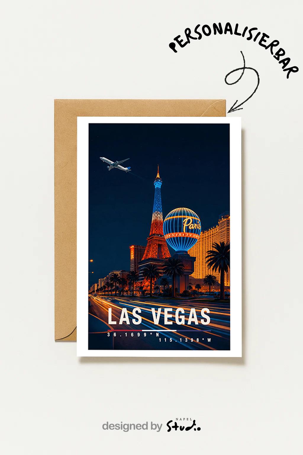 Diese Grußkarte zeigt Las Vegas bei Nacht mit leuchtenden Neonlichtern, ikonischen Hotels und pulsierender Atmosphäre. Die Illustration fängt den Glamour, das Nachtleben und die Energie der Stadt ein und ist ideal als Geschenk oder Reisegruß aus den USA.