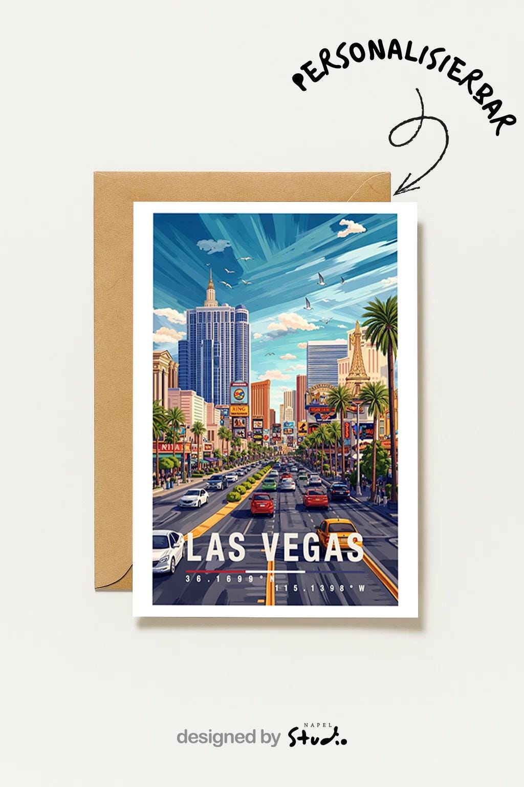 Illustration einer Las Vegas Grußkarte mit klassischer Perspektive auf den Strip, Hotels, Palmen und Straßenverkehr. Die Szene vermittelt Bewegung, Entertainment und Reiselust und eignet sich hervorragend als Grußkarte oder Souvenir für USA-Reisende.