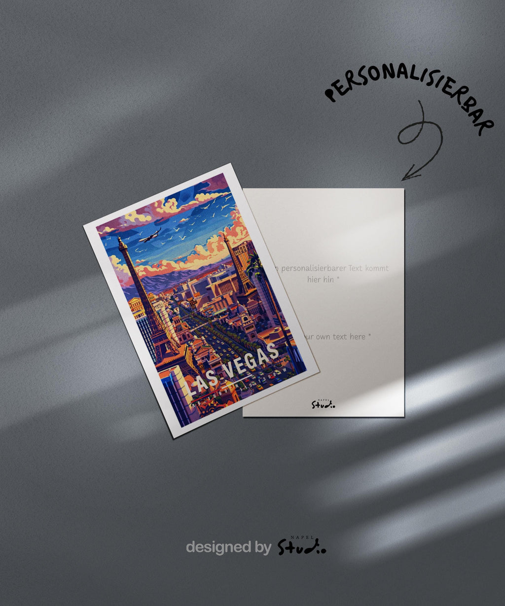 Illustrierte Grußkarte von Las Vegas bei Tageslicht mit berühmten Wahrzeichen des Strips, lebendiger Skyline und dynamischer Stadtatmosphäre. Die Szene steht für Entertainment, Reisen und Großstadtenergie und eignet sich perfekt als Grußkarte oder Geschenk für USA- und Vegas-Fans.