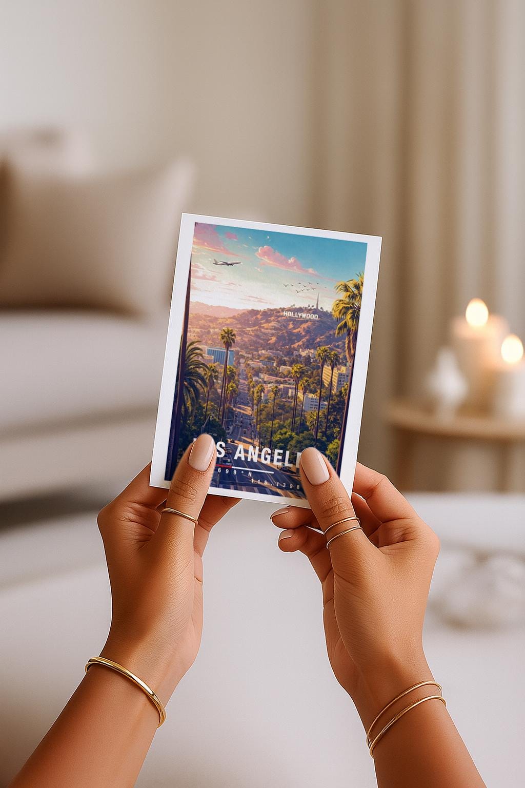 Illustration einer Los Angeles Grußkarte mit palmenreicher Straße, sanften Hügeln und warmer Abendstimmung. Im Hintergrund liegen typische kalifornische Wohnviertel, breite Straßen und die ikonische Landschaft von LA. Die Farbpalette vermittelt Sommer, Freiheit und Westcoast-Vibes und eignet sich ideal als Reisegruß, Geschenk oder Erinnerung an Kalifornien.