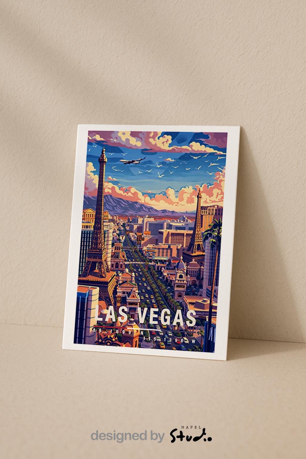 Illustrierte Grußkarte von Las Vegas bei Tageslicht mit berühmten Wahrzeichen des Strips, lebendiger Skyline und dynamischer Stadtatmosphäre. Die Szene steht für Entertainment, Reisen und Großstadtenergie und eignet sich perfekt als Grußkarte oder Geschenk für USA- und Vegas-Fans.