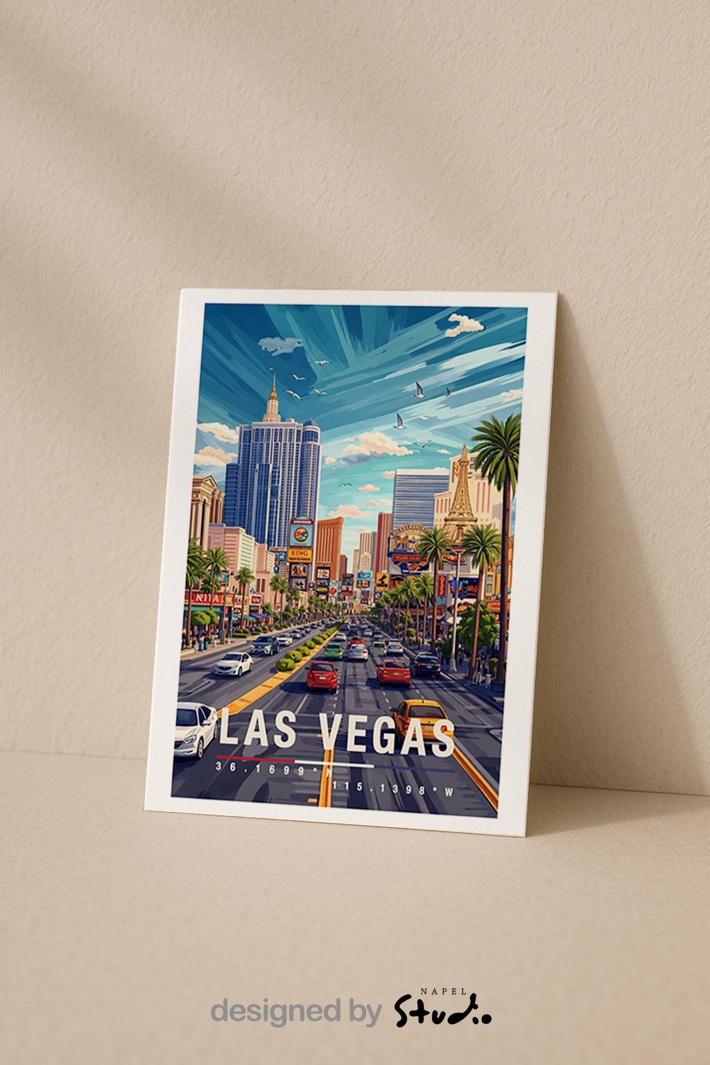 Illustration einer Las Vegas Grußkarte mit klassischer Perspektive auf den Strip, Hotels, Palmen und Straßenverkehr. Die Szene vermittelt Bewegung, Entertainment und Reiselust und eignet sich hervorragend als Grußkarte oder Souvenir für USA-Reisende.