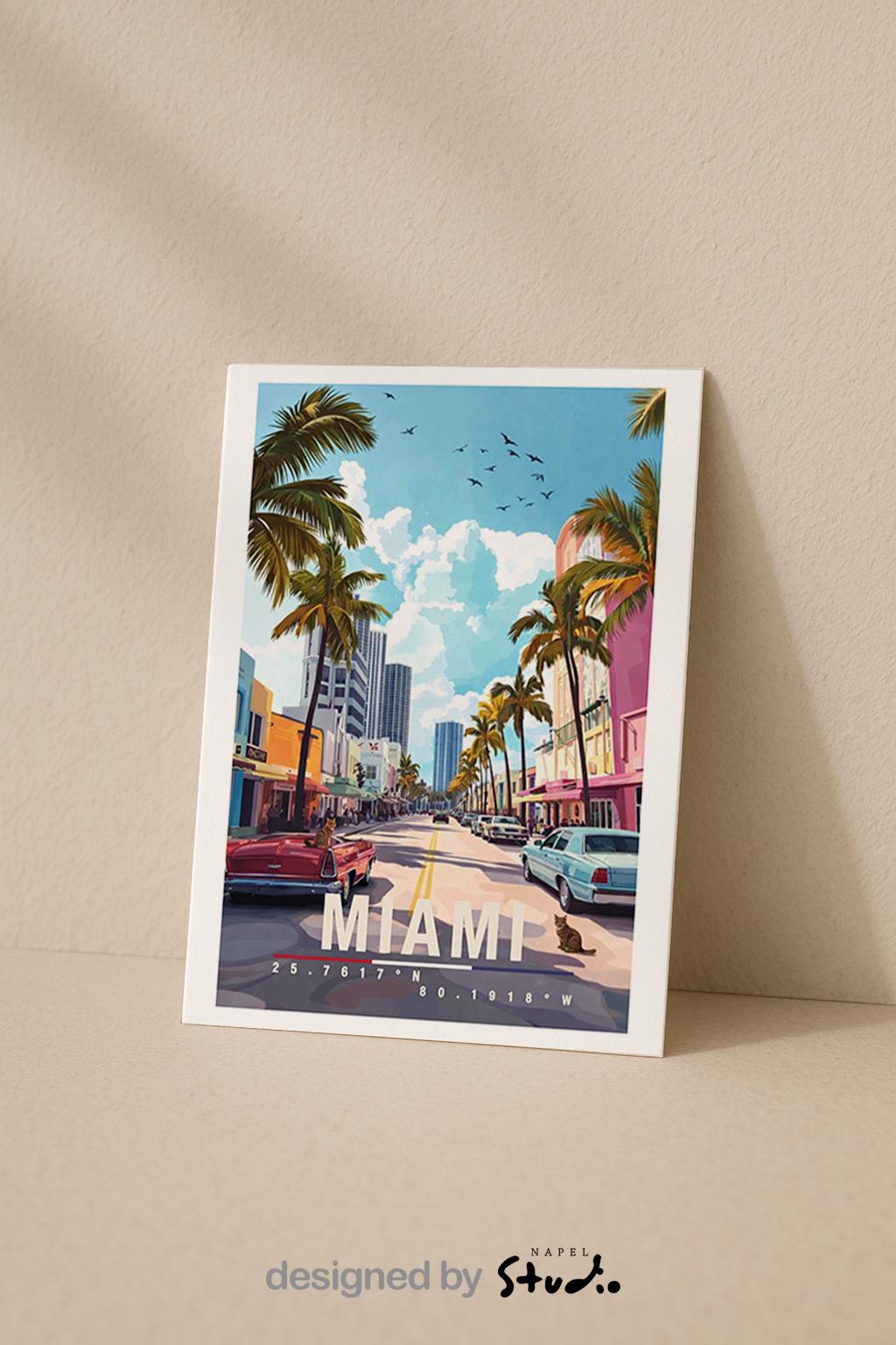 Diese Grußkarte zeigt Miami mit farbenfroher Ocean Drive Szene, Palmen, klassischen Autos und Art-Déco-Gebäuden. Die Illustration strahlt Sommer, Strand und Lebensfreude aus und ist ideal als Reisegruß oder Geschenk für Miami- und Florida-Fans.